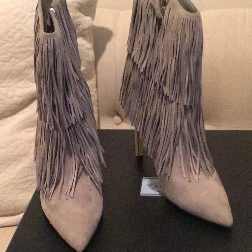 New Sam Edelman Belinda grey Suede Ankle Leather Boots Fringe Tassel NWT
